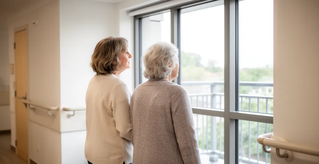 Fille adulte et mère âgée visitant un appartement lumineux