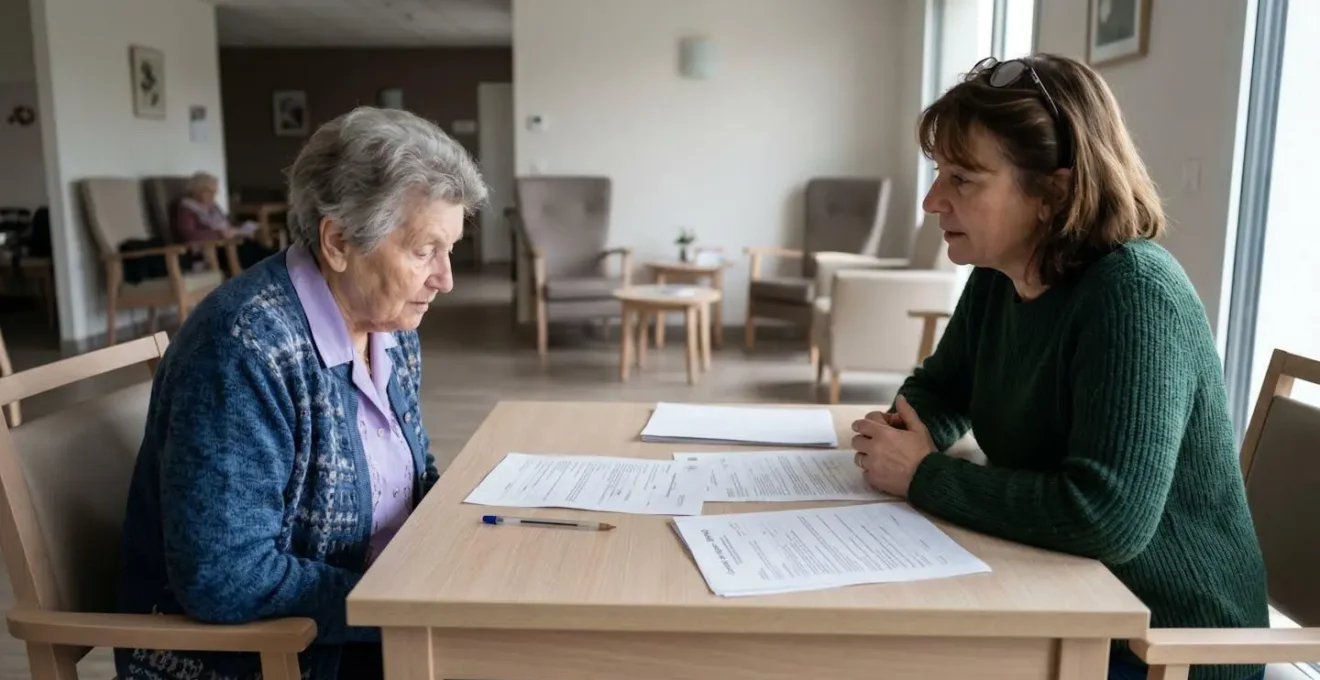 Deux personnes de profil consultent des documents administratifs sur une table dans un espace commun d'établissement pour seniors, lumière naturelle douce, décor contemporain français