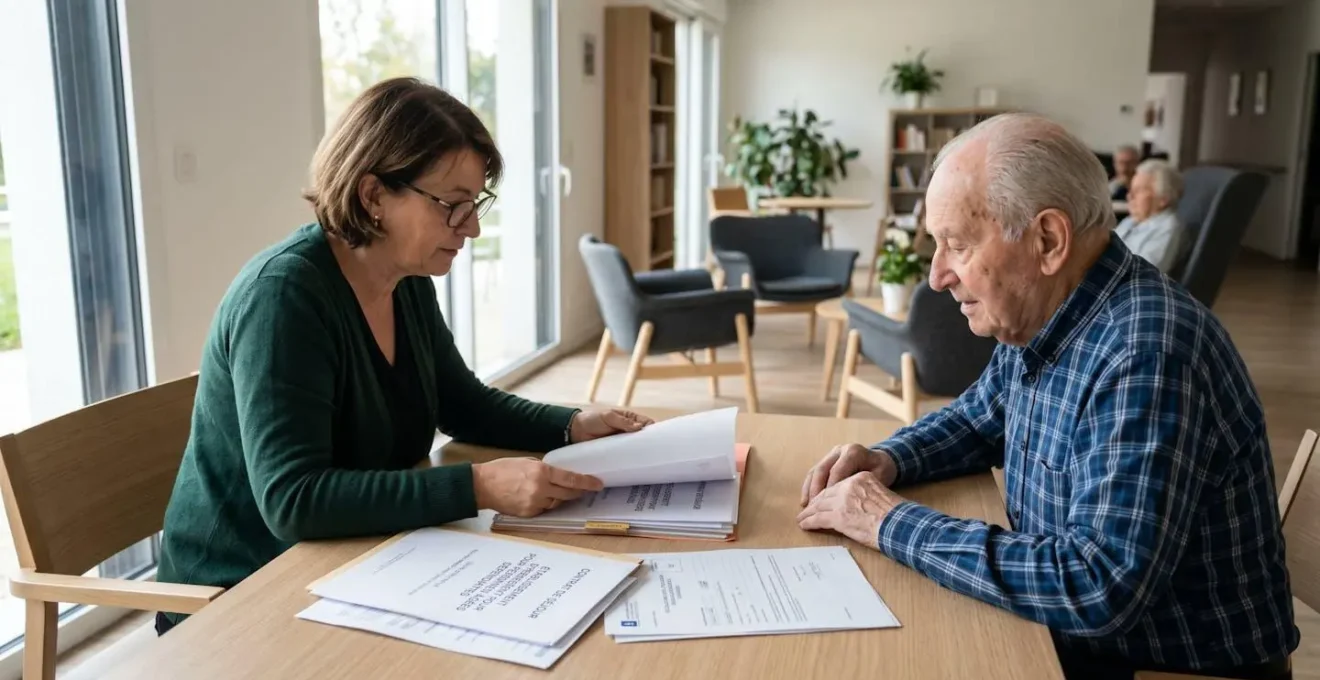 Deux personnes de profil consultent des documents administratifs sur une table dans un espace commun d'établissement pour seniors, lumière naturelle douce, décor contemporain français