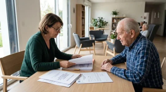 Deux personnes de profil consultent des documents administratifs sur une table dans un espace commun d'établissement pour seniors, lumière naturelle douce, décor contemporain français