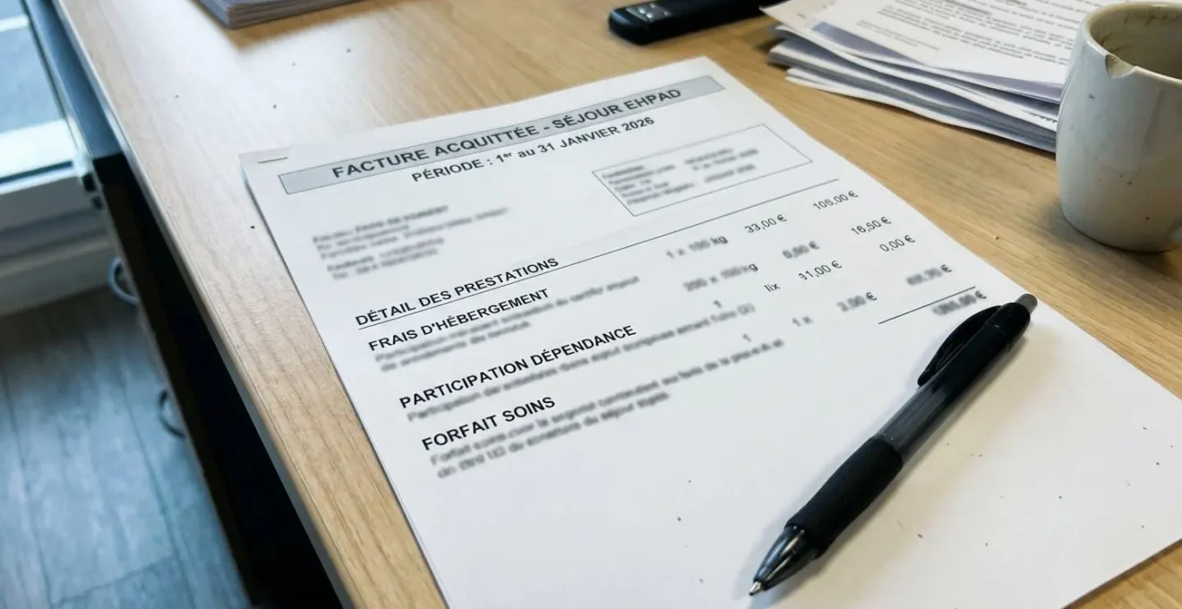 Gros plan sur une facture EHPAD affichant les trois composantes tarifaires (hébergement, dépendance, soins), posée sur un bureau blanc avec stylo noir, lumière naturelle latérale