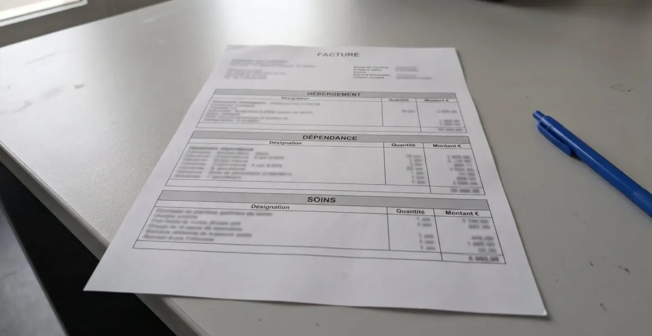 Gros plan sur une facture EHPAD affichant les trois composantes tarifaires (hébergement, dépendance, soins), posée sur un bureau blanc avec stylo noir, lumière naturelle latérale