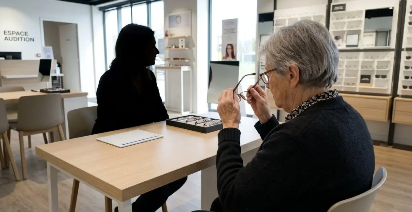 Personne âgée de dos et profil essayant une monture de lunettes de lecture lors d'une consultation chez un opticien, silhouette de l'opticien floue en face, lumière naturelle, intérieur d'optique français contemporain