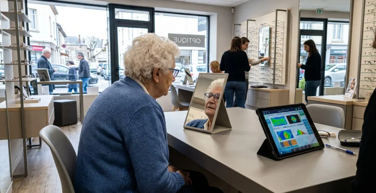 Personne âgée de dos et profil essayant une monture de lunettes de lecture lors d'une consultation chez un opticien, silhouette de l'opticien floue en face, lumière naturelle, intérieur d'optique français contemporain
