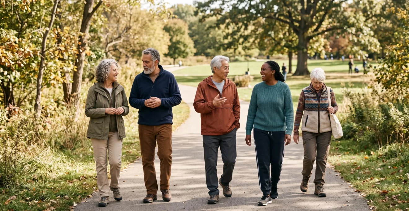 Groupe de seniors participant à une activité physique douce en extérieur dans un parc naturel