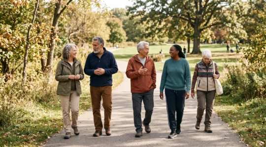 Groupe de seniors participant à une activité physique douce en extérieur dans un parc naturel