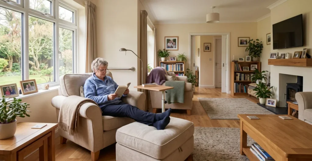 Intérieur de logement senior adapté avec aménagements discrets dans une ambiance chaleureuse et lumineuse Intérieur de logement senior adapté avec aménagements discrets dans une ambiance chaleureuse et lumineuse