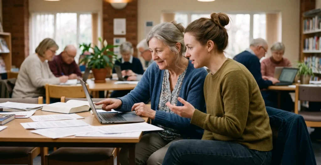 Senior et personne plus jeune en interaction lors d'une activité de bénévolat ou d'échange intergénérationnel Senior et personne plus jeune en interaction lors d'une activité de bénévolat ou d'échange intergénérationnel