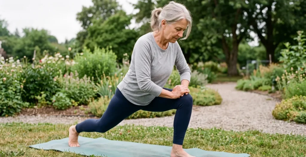 Senior pratiquant une activité physique douce de type yoga en plein air dans un environnement naturel Senior pratiquant une activité physique douce de type yoga en plein air dans un environnement naturel